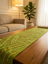 Olive Luxe Geometric Embellished Silk Dining and Center Table Runner – 13 x 60 Inch - Furnish Factory