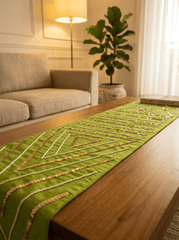Olive Luxe Geometric Embellished Silk Dining and Center Table Runner – 13 x 60 Inch - Furnish Factory