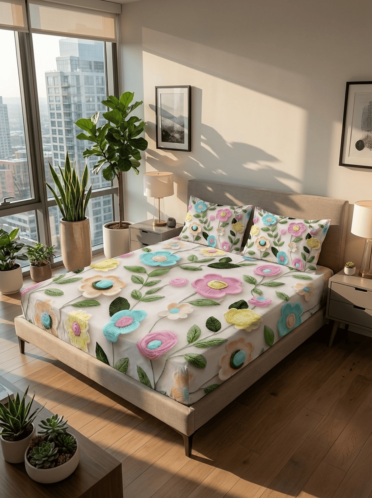 Twilight Tulip Charm – 7D Floral Fitted Super king size Bedsheet - Furnish Factory