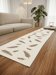Minimal Leaf Embroidered Beige Silk Dining and Center Table Runner – 13x 60 Inch - Furnish Factory