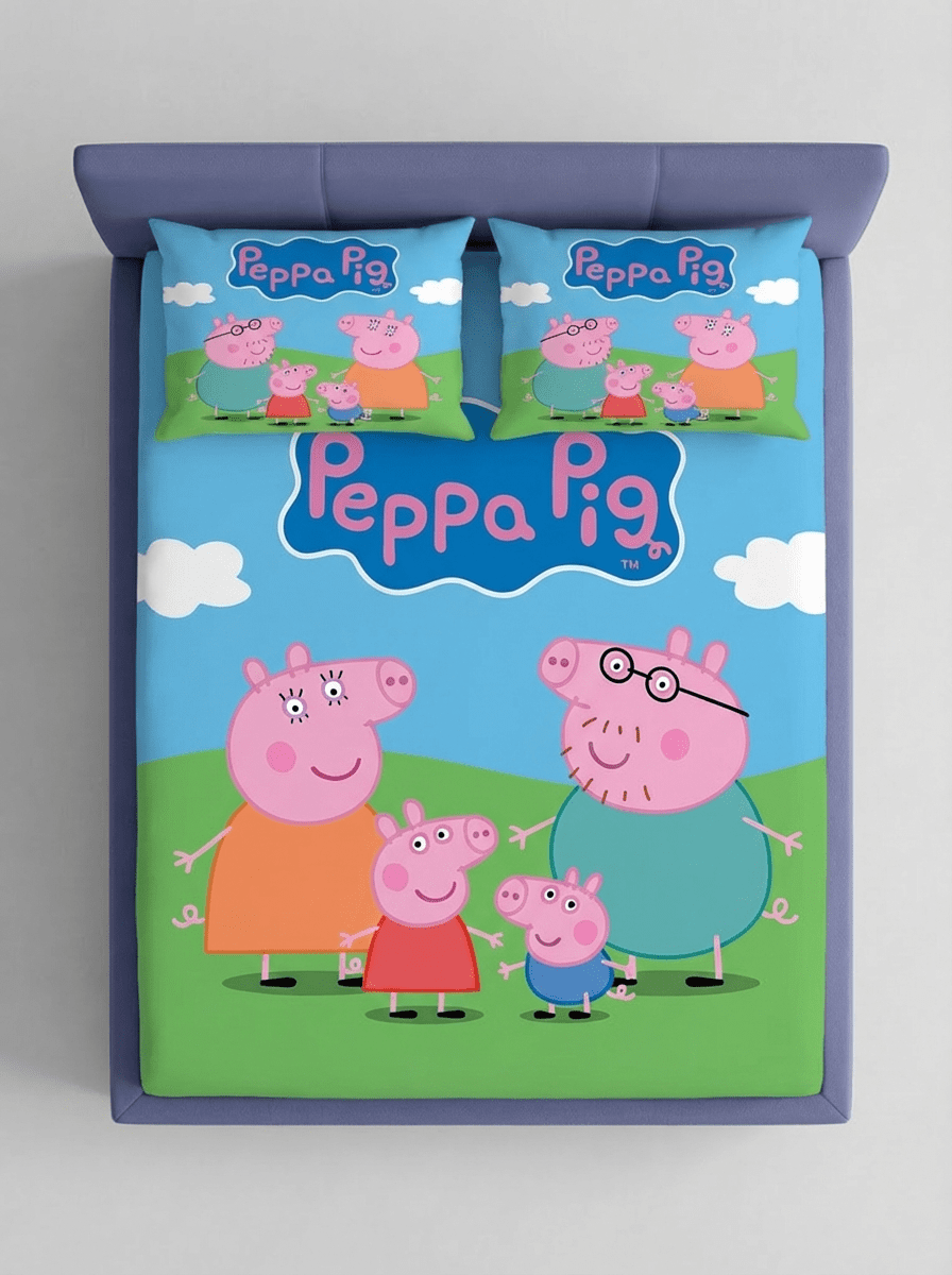 Peppa World Fitted 7D Kids Bedsheet – (90x100 Inch) King Size - Furnish Factory