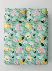 Mint Blossom Garden – Floral 7D Bedsheet Fitted Super King Size - Furnish Factory