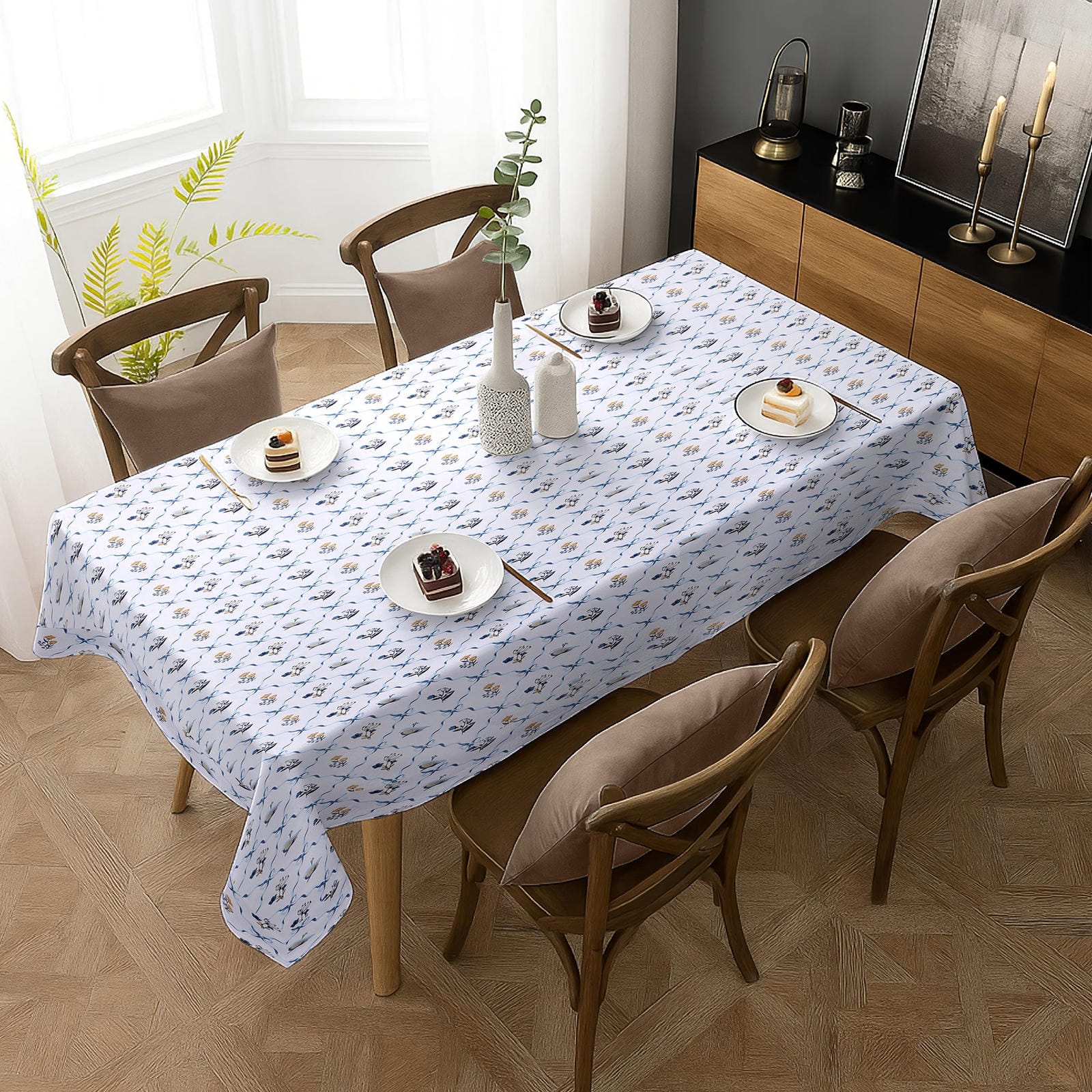 Petals in Blue Harmony Satin Table Cloth (6 /8 seater) - Furnish Factory