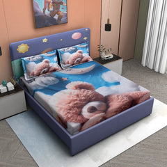 Teddy Dream Cotton Fitted 7D Kids Bedsheet (90x100 inch) King Size - Furnish Factory