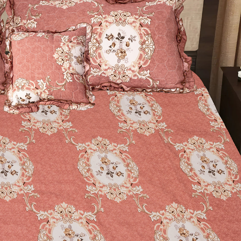 Elegant 5-Piece Quilted Bedding Set | King Size | Light Coral with Floral & Damask Accents