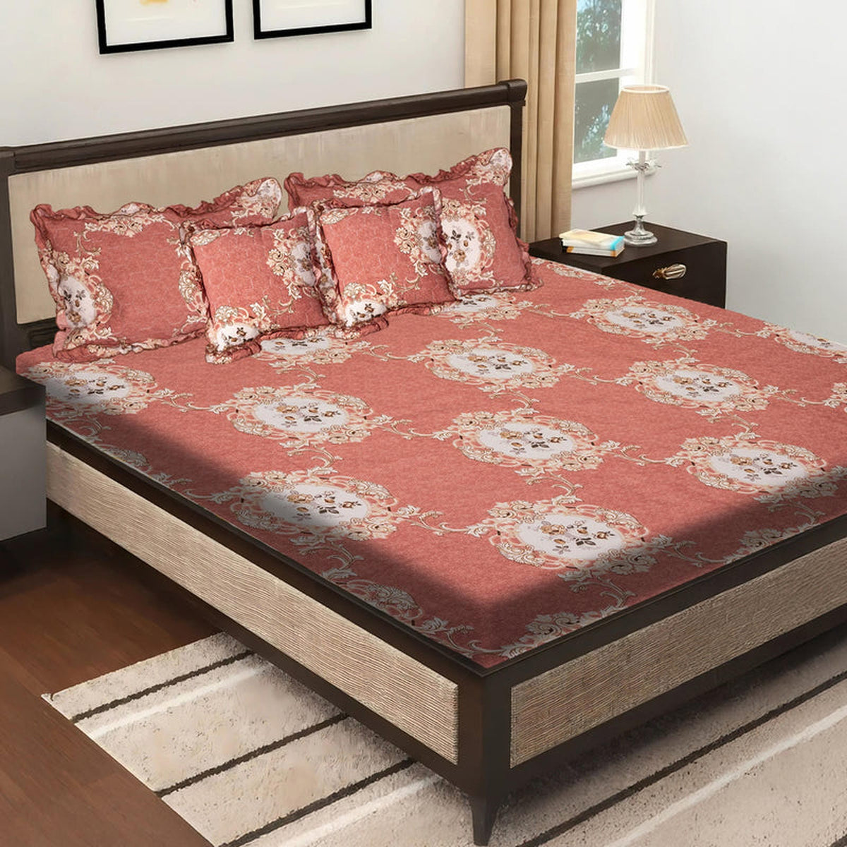 Elegant 5-Piece Quilted Bedding Set | King Size | Light Coral with Floral & Damask Accents