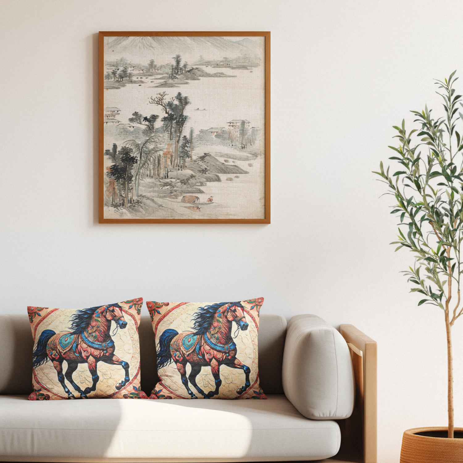 Majestic Horse Boho Design–Art-Inspired Cushion Cover –  14 x 14 inches