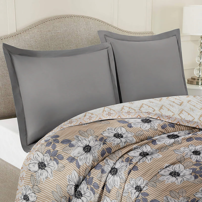 Ultrasonic Reversible Comforter – Floral Stripes & Geometric (Tan & White)