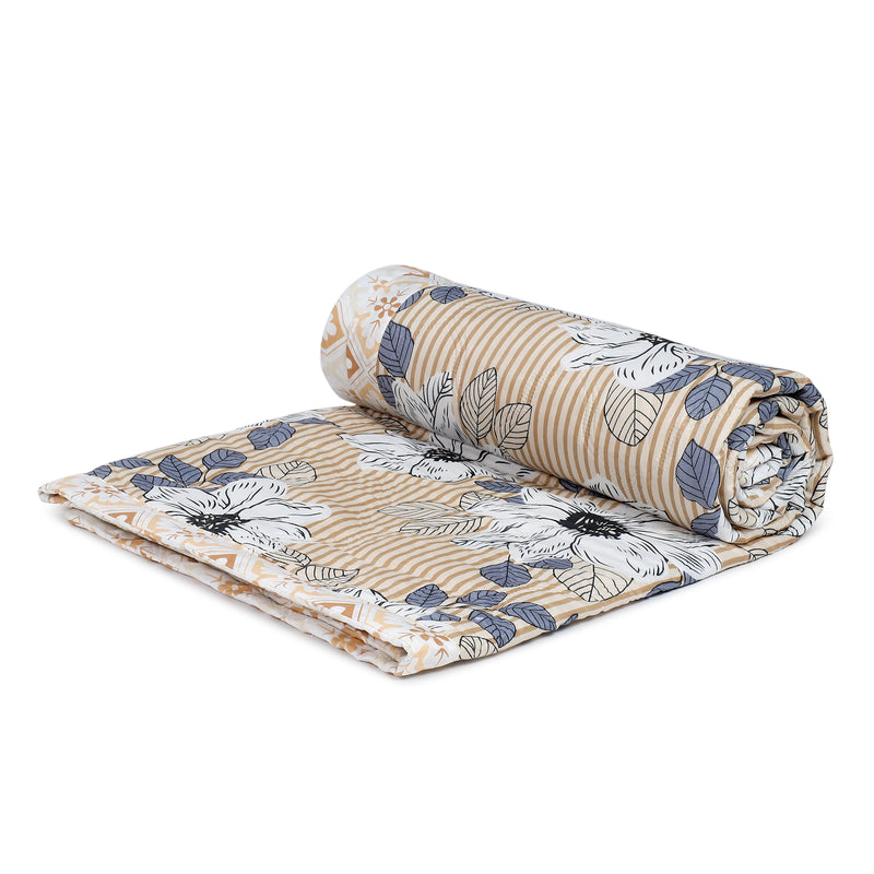 Ultrasonic Reversible Comforter – Floral Stripes & Geometric (Tan & White)