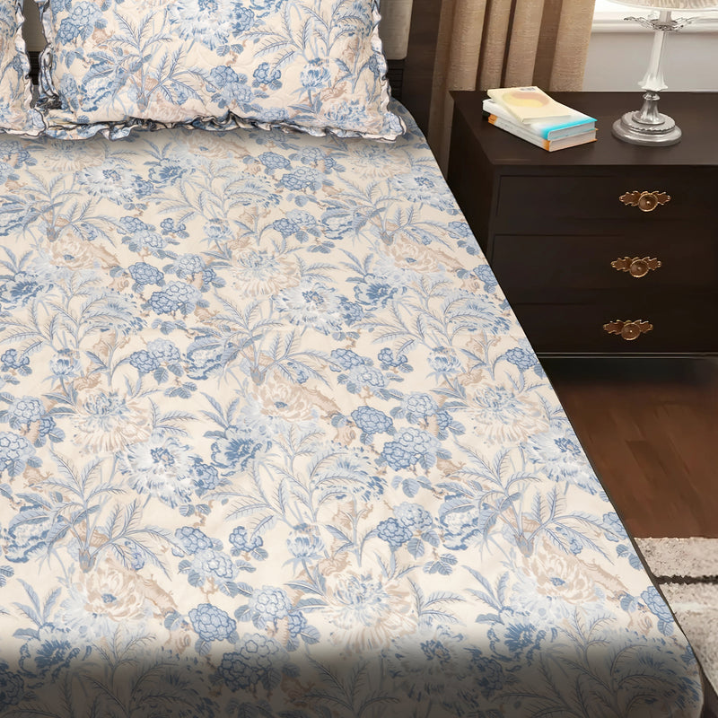Elegant 5-Piece Quilted Bedding Set | King Size | Cream & Blue-Grey Floral Design