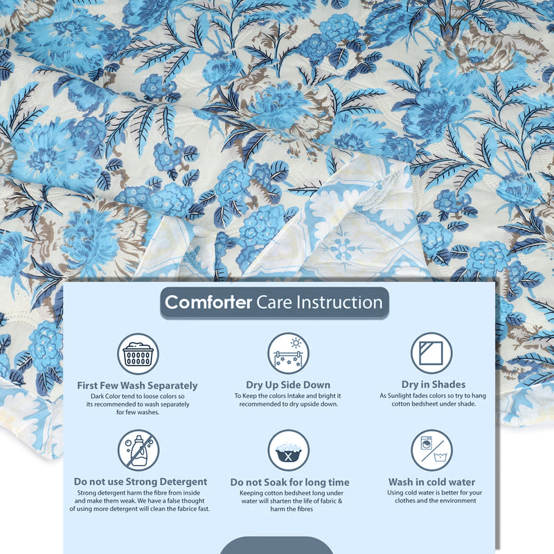 Ultrasonic Reversible Comforter – Classic Blue Blooms & Geometric Charm (Blue & Cream)