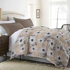 Ultrasonic Reversible Comforter – Floral Stripes & Geometric (Tan & White)