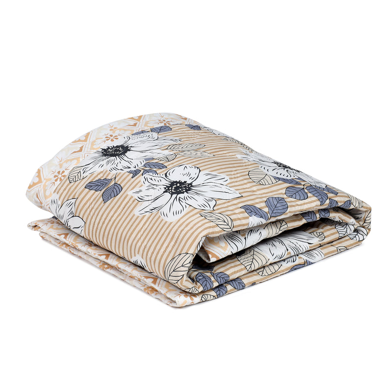 Ultrasonic Reversible Comforter – Floral Stripes & Geometric (Tan & White)