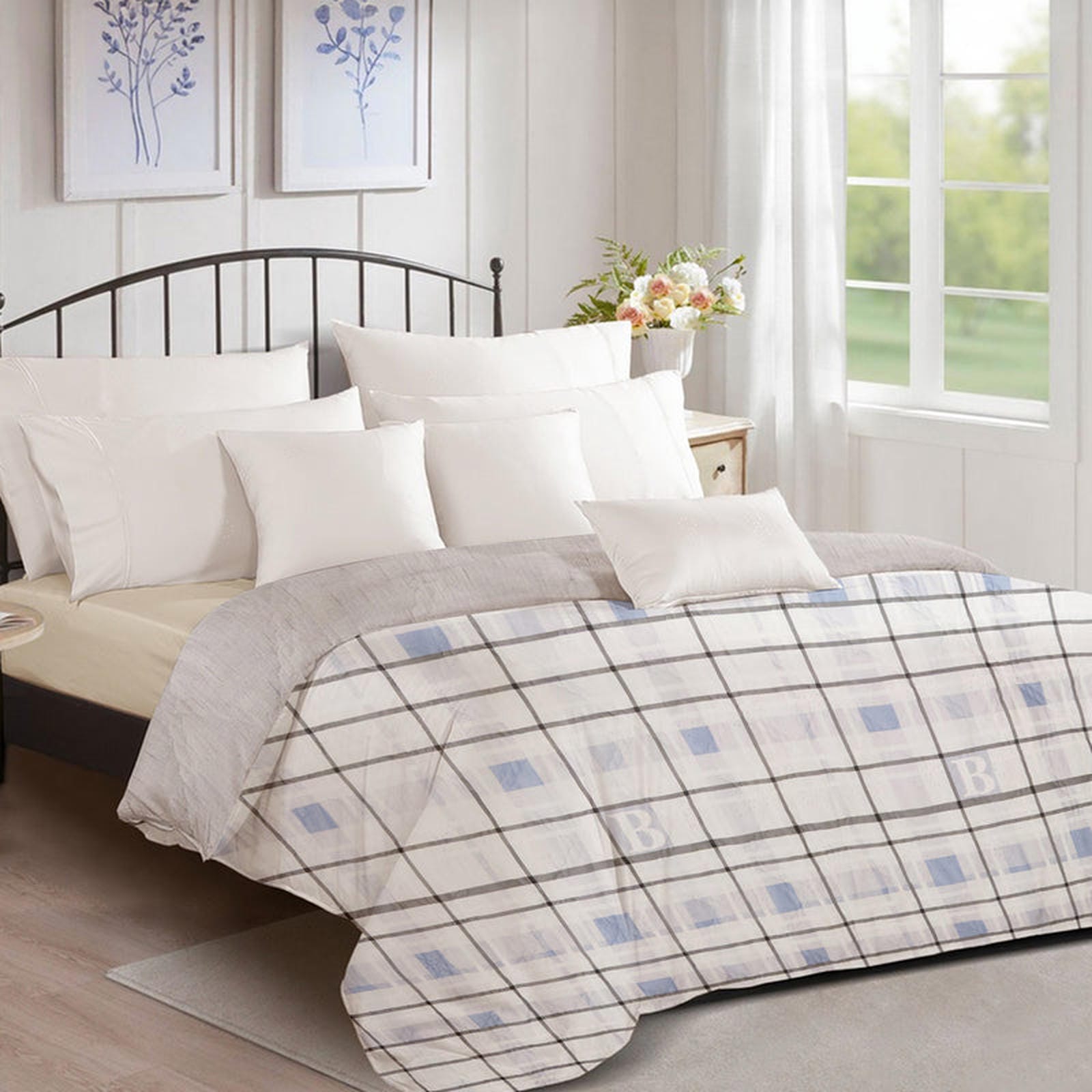 Ultralight Reversible Comforter  | Black & White with Blue Squares - Furnish Factory