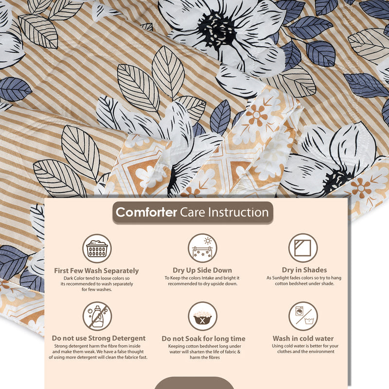 Ultrasonic Reversible Comforter – Floral Stripes & Geometric (Tan & White)