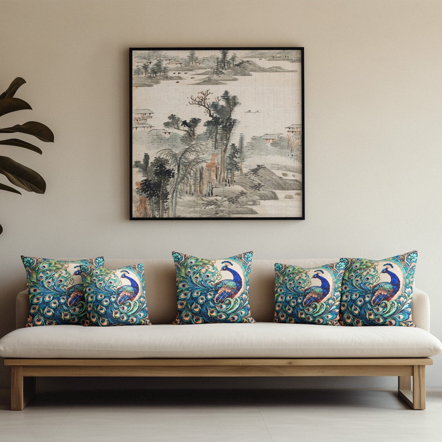 Peacock Art Cushion–  14 x 14 inches