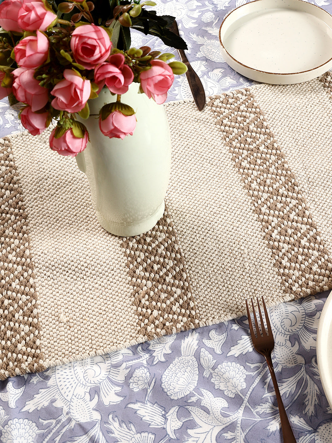 Soft knitted Beige Table Runner with tint of brown thread
