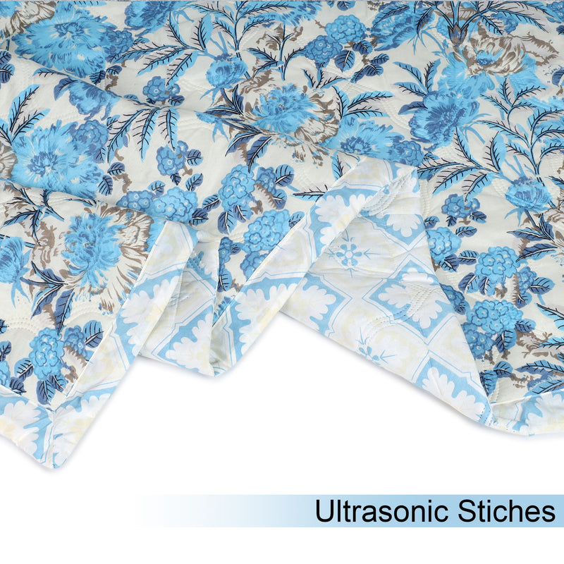 Ultrasonic Reversible Comforter – Classic Blue Blooms & Geometric Charm (Blue & Cream)