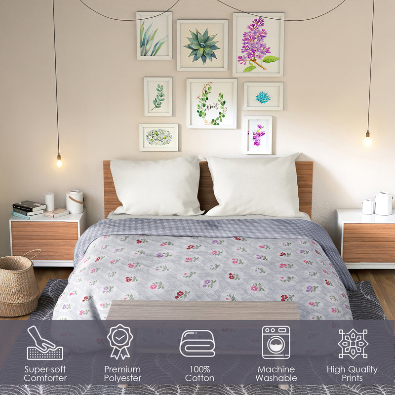 Ultrasonic Reversible Comforter – Floral & Houndstooth (Grey & White)