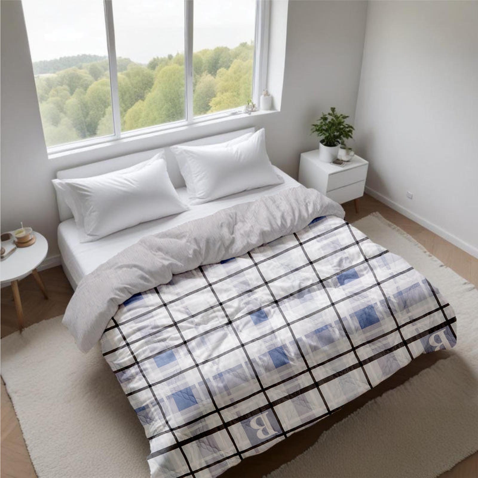 Ultralight Reversible Comforter  | Black & White with Blue Squares - Furnish Factory