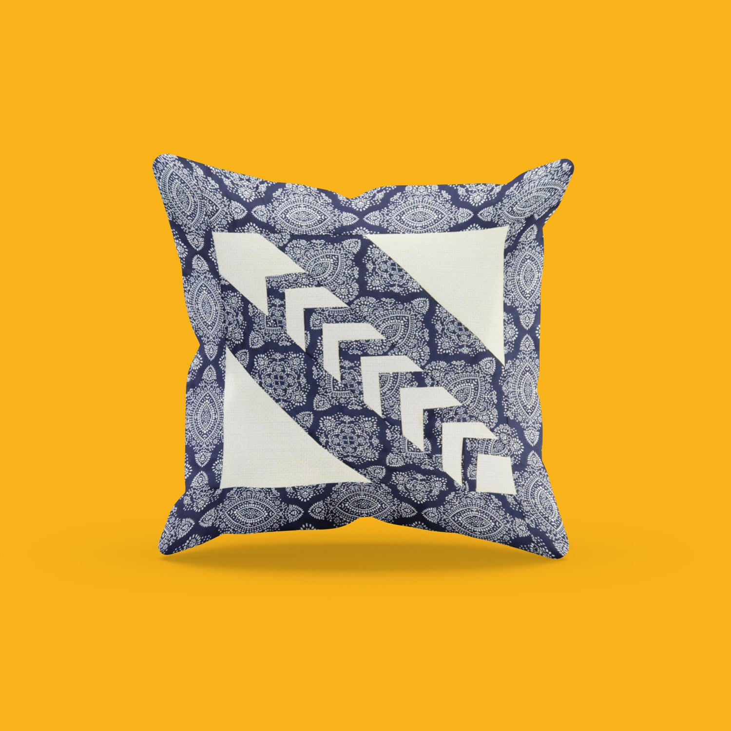 Navy Blue & White Geometric Patchwork Cushion Cover – 14 x 14 inches