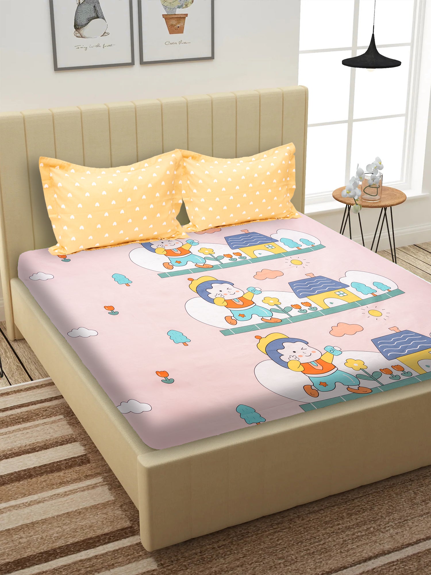 KIDOOS CARTOON FUN 300 TC ULTRA-SOFT COTTON BLEND KING SIZE DOUBLE BEDSHEET WITH PILLOW COVERS