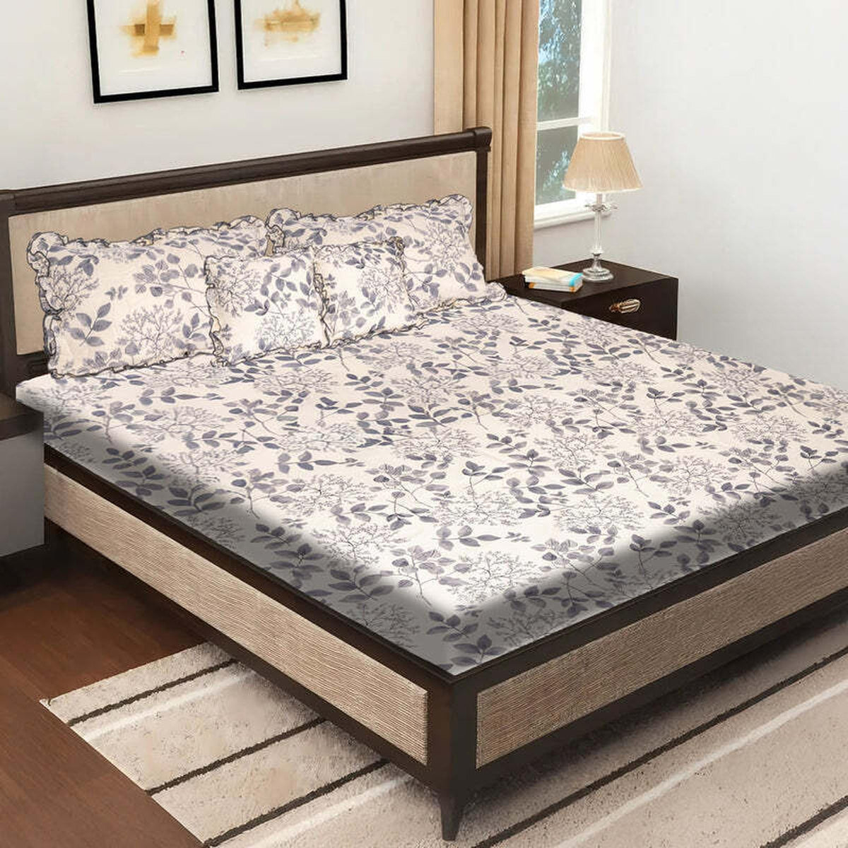 Elegant 5-Piece Quilted Bedding Set | King Size | Grey Leaf Botanical Print on White