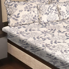 Elegant 5-Piece Quilted Bedding Set | King Size | Grey Leaf Botanical Print on White