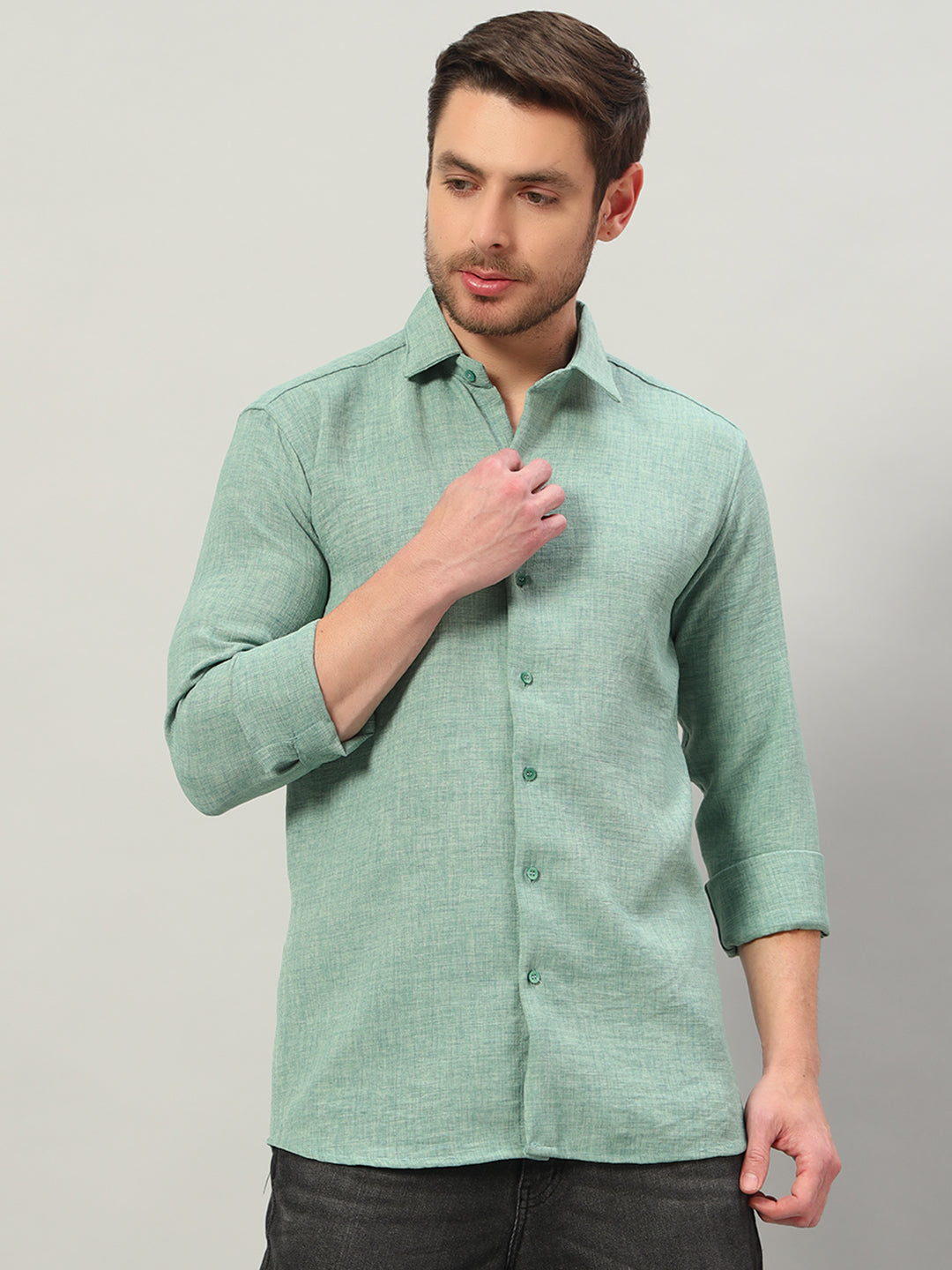 Sage Green Premium Linen Blend Point Collar Shirt