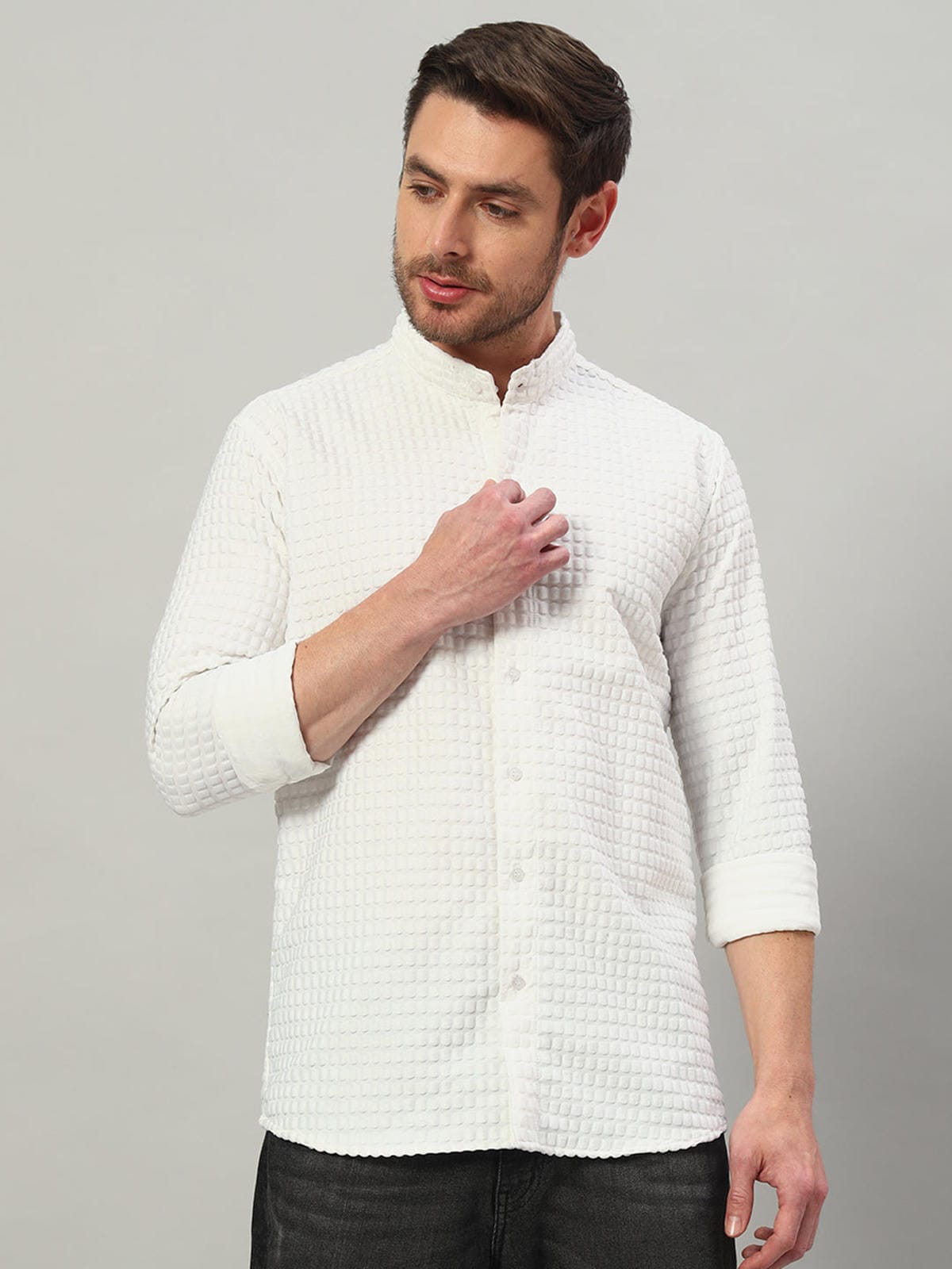 Men's White Bubble Cotton Mandarin Collar Shirt