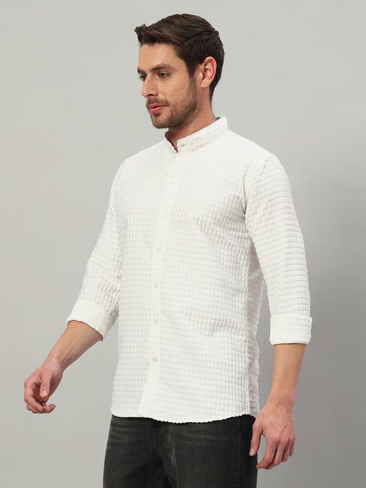 Men's White Bubble Cotton Mandarin Collar Shirt