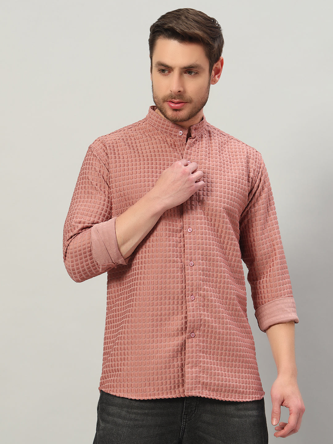 Men's Old Rose Bubble Cotton Mandarin Collar Shirt