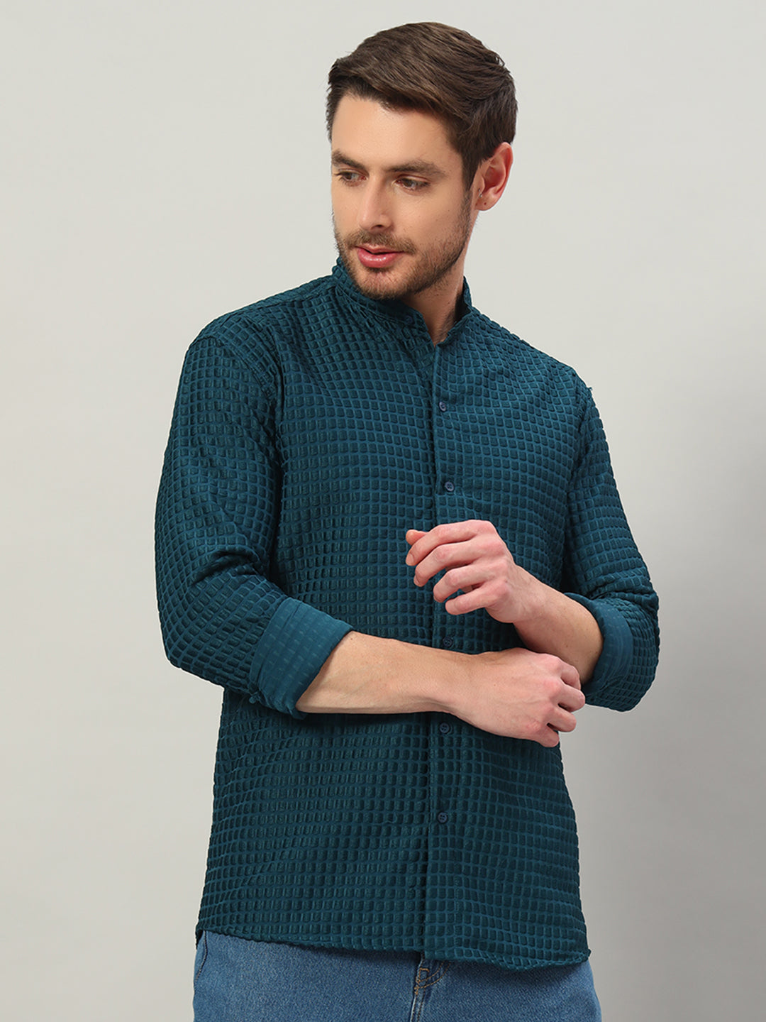 Men's Prussian Blue Bubble Cotton Mandarin Collar Shirt