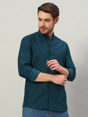 Men's Prussian Blue Bubble Cotton Mandarin Collar Shirt