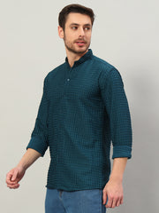 Men's Prussian Blue Bubble Cotton Mandarin Collar Shirt