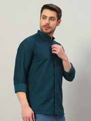 Men's Prussian Blue Bubble Cotton Mandarin Collar Shirt