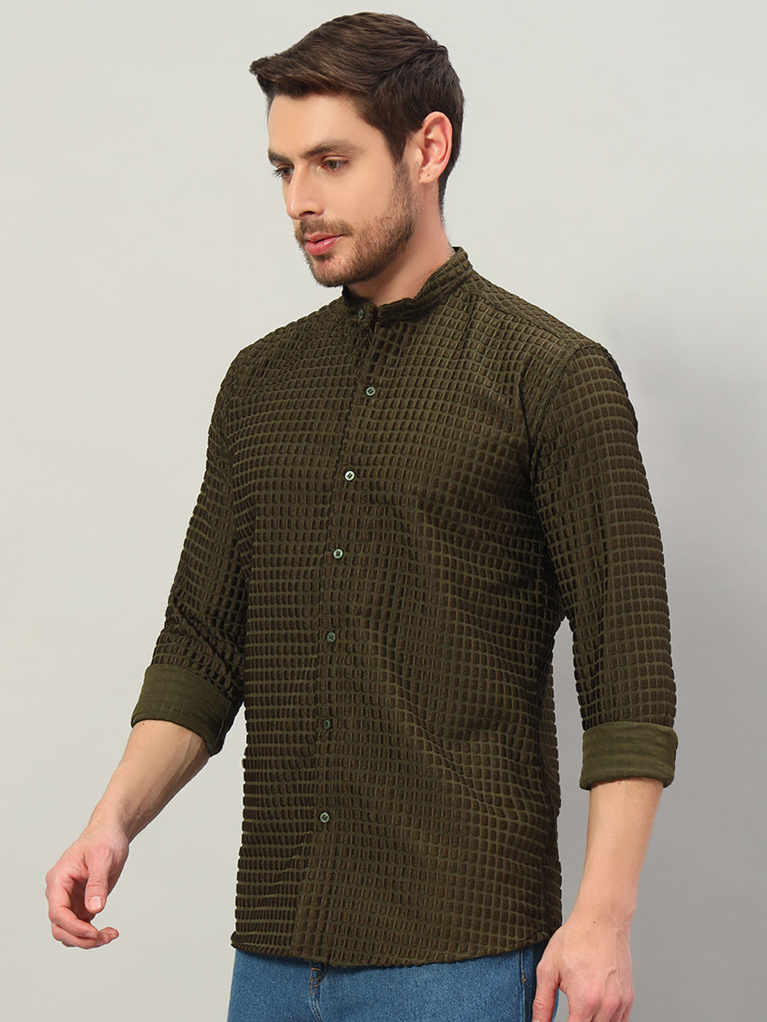 Men's Olive Green Bubble Cotton Mandarin Collar Shirt