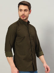 Men's Olive Green Bubble Cotton Mandarin Collar Shirt