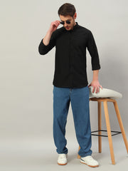 Men's Black Bubble Cotton Mandarin Collar Shirt