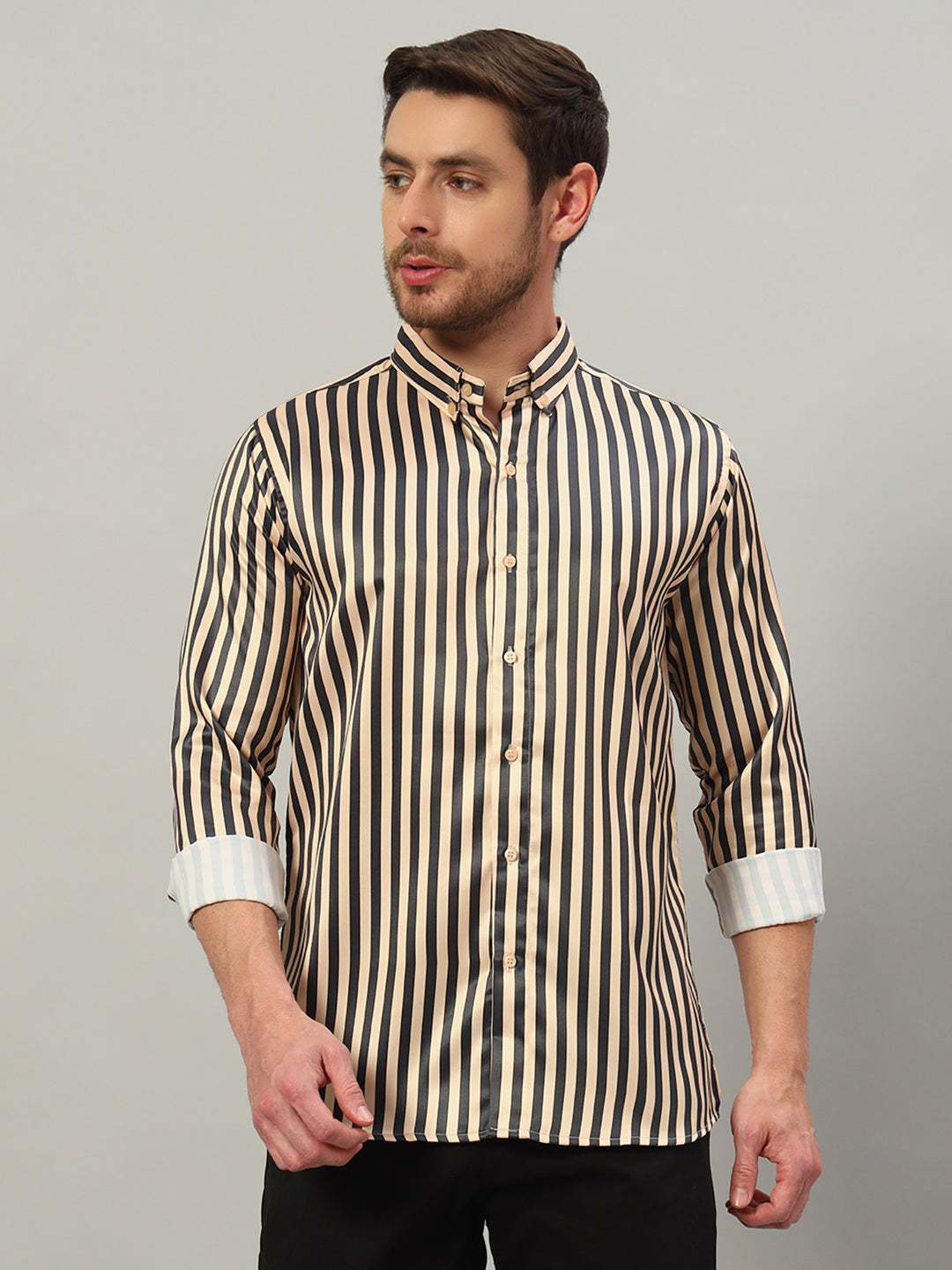 Men's Beige Striped Premium Satin Cotton Point Collar Shirt