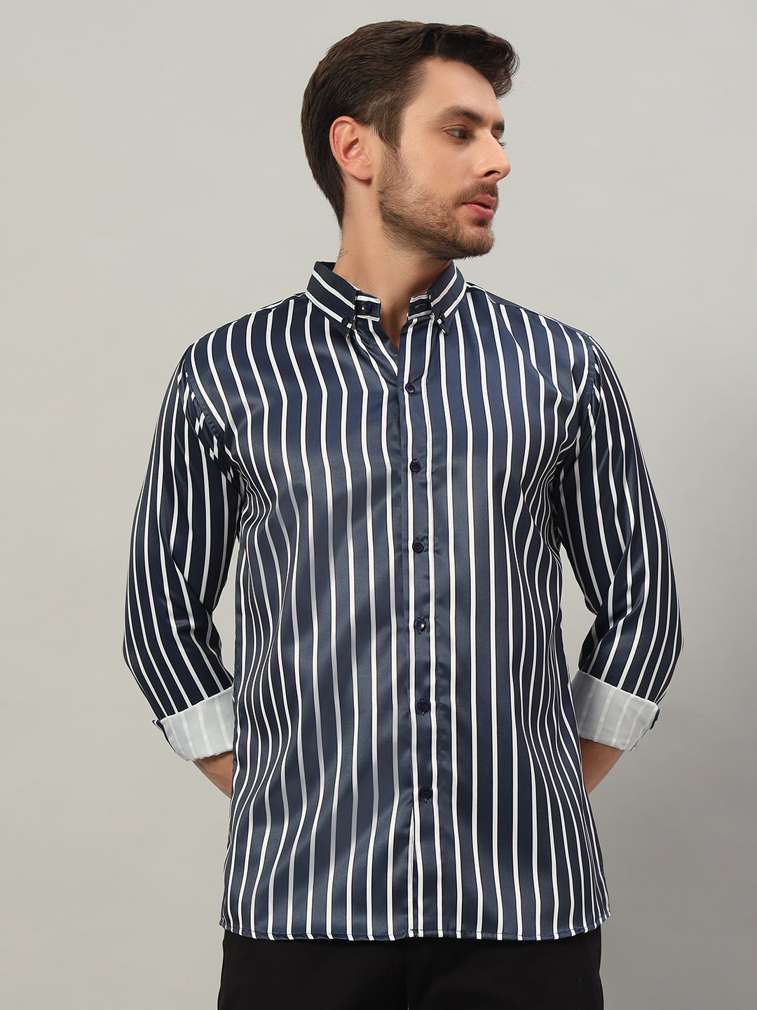 Men's Blue Striped Premium Satin Cotton Point Collar Shirt