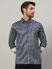 Men's Blue Striped Premium Satin Cotton Point Collar Shirt