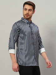 Men's Blue Striped Premium Satin Cotton Point Collar Shirt