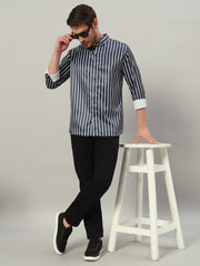 Men's Blue Striped Premium Satin Cotton Point Collar Shirt