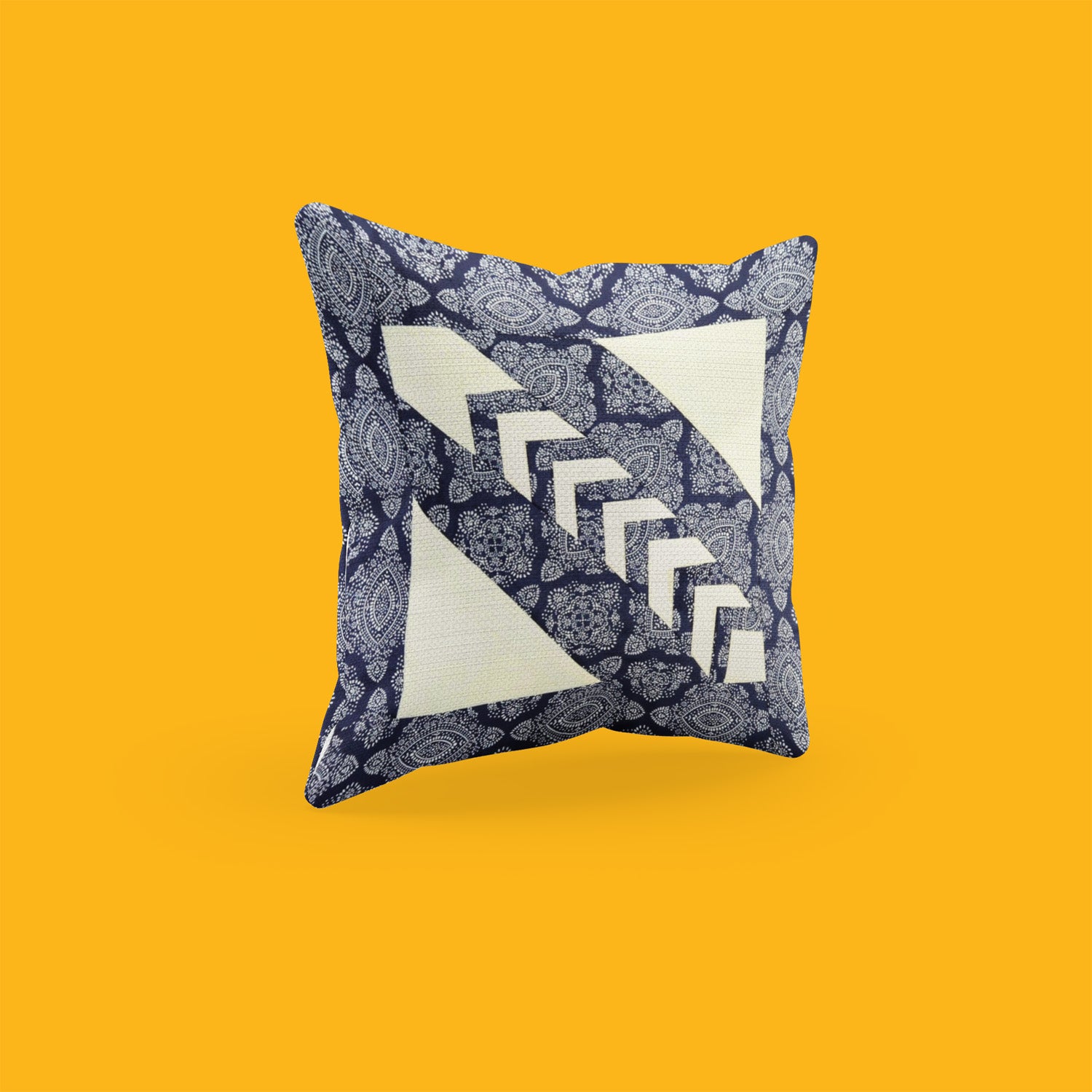 Navy Blue & White Geometric Patchwork Cushion Cover – 14 x 14 inches