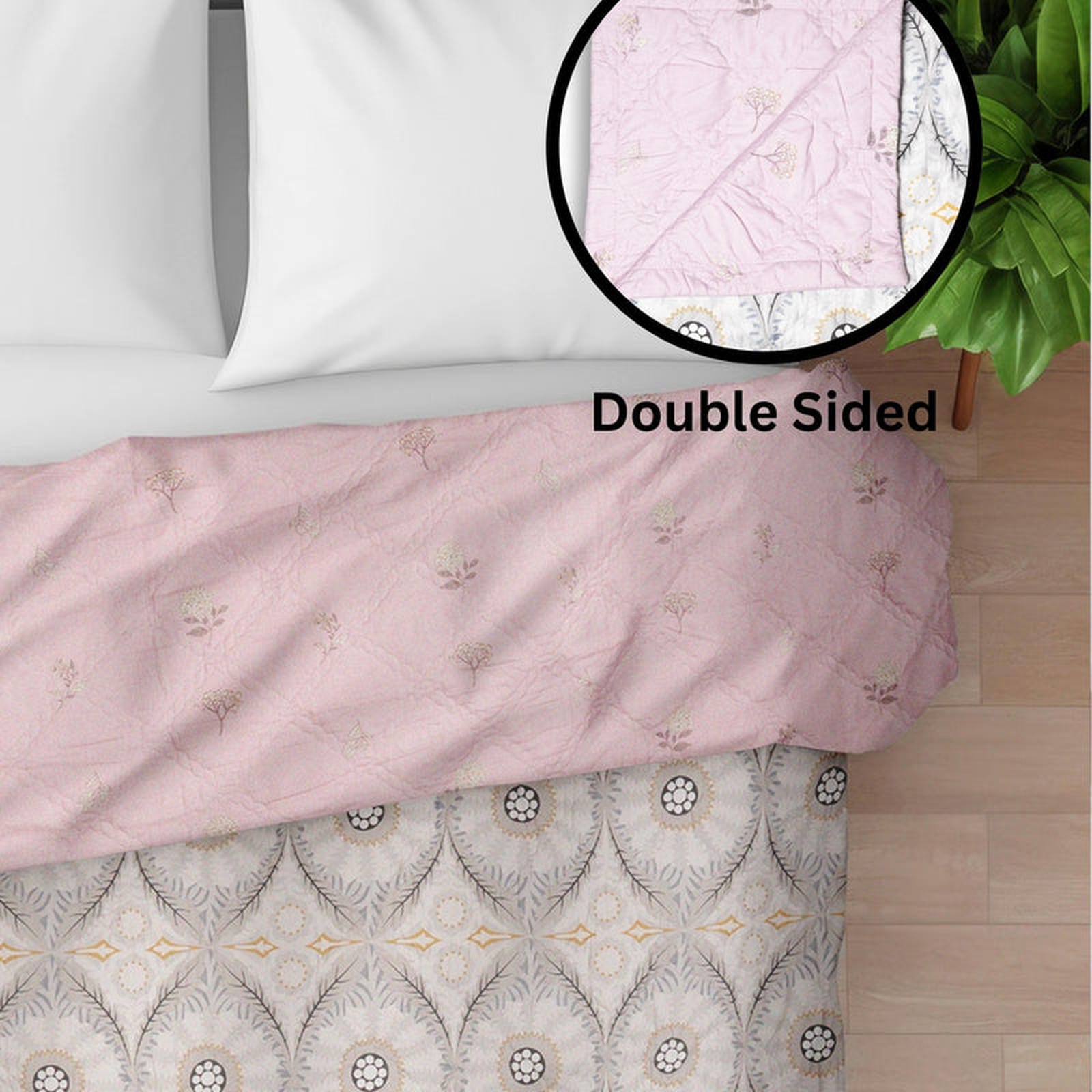Ultralight Reversible Comforter – Baby Pink & Grey (Floral & Circular Patterns) - Furnish Factory