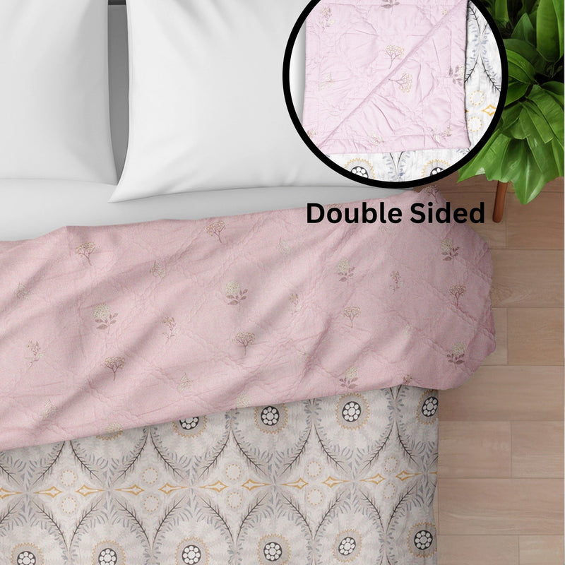 Ultralight Reversible Comforter – Baby Pink & Grey (Floral & Circular Patterns)