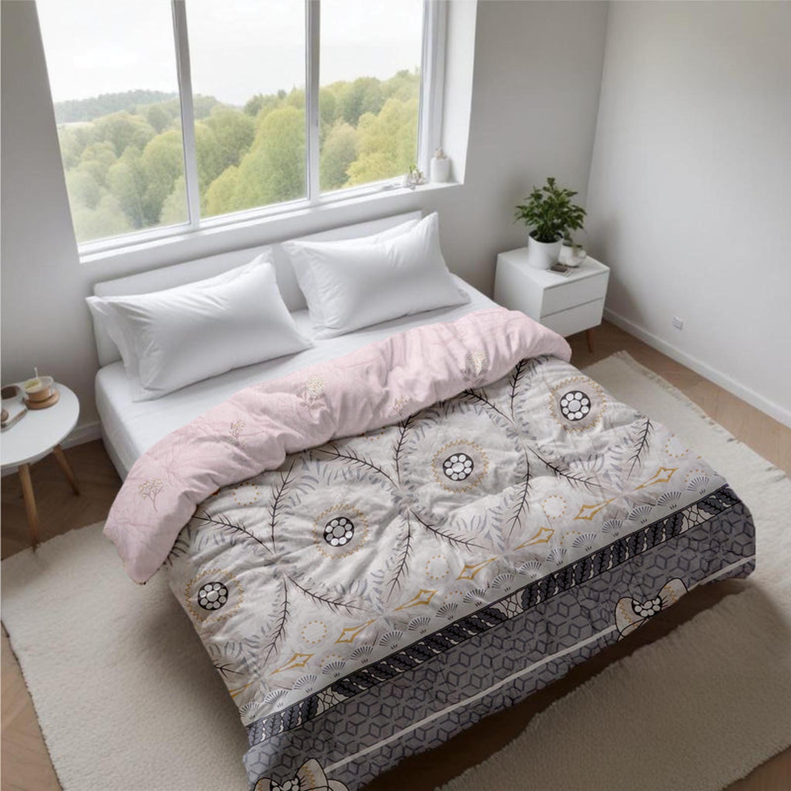 Ultralight Reversible Comforter – Baby Pink & Grey (Floral & Circular Patterns) - Furnish Factory