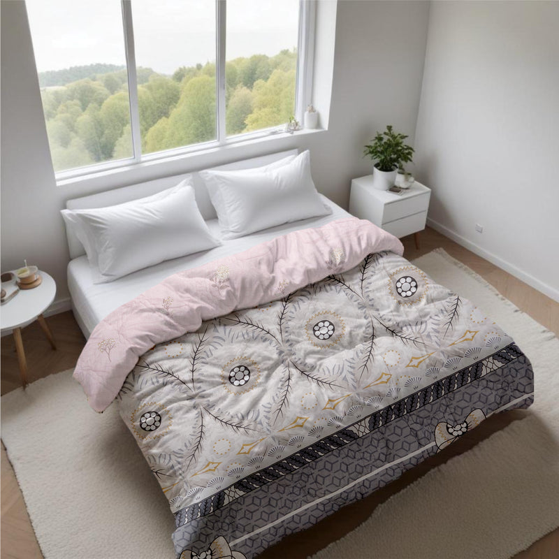 Ultralight Reversible Comforter – Baby Pink & Grey (Floral & Circular Patterns)