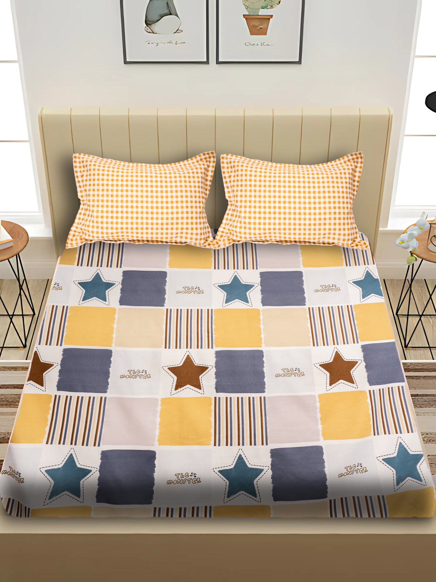 KIDOOS MULTICOLORED STARS & SQUARES 300 TC ULTRA-SOFT COTTON BLEND KING SIZE DOUBLE BEDSHEET WITH PILLOW COVERS